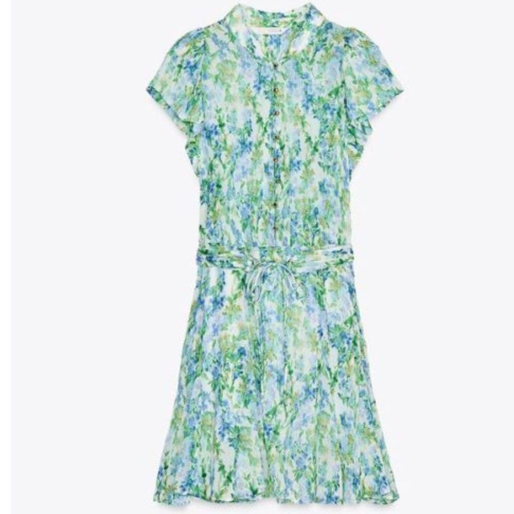 NWT Zara Floral Mini Dress Blue Green Watercolor Flutter Sleeve Tie Waist Small